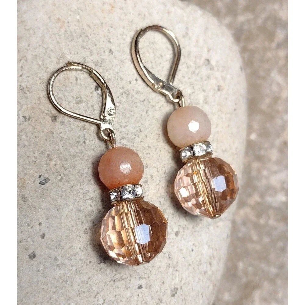 Vintage Peach Quartz Crystal Gold tone Dangle Earrings